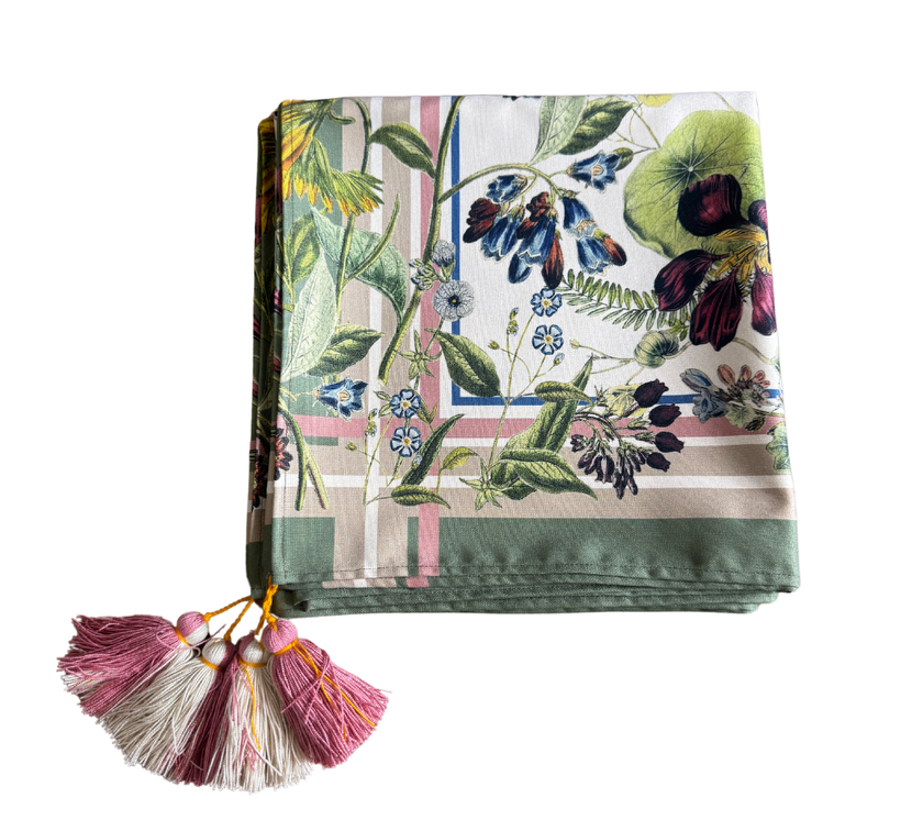 Mantel rectangular 10P en tela Jardin Borde Verde Beige