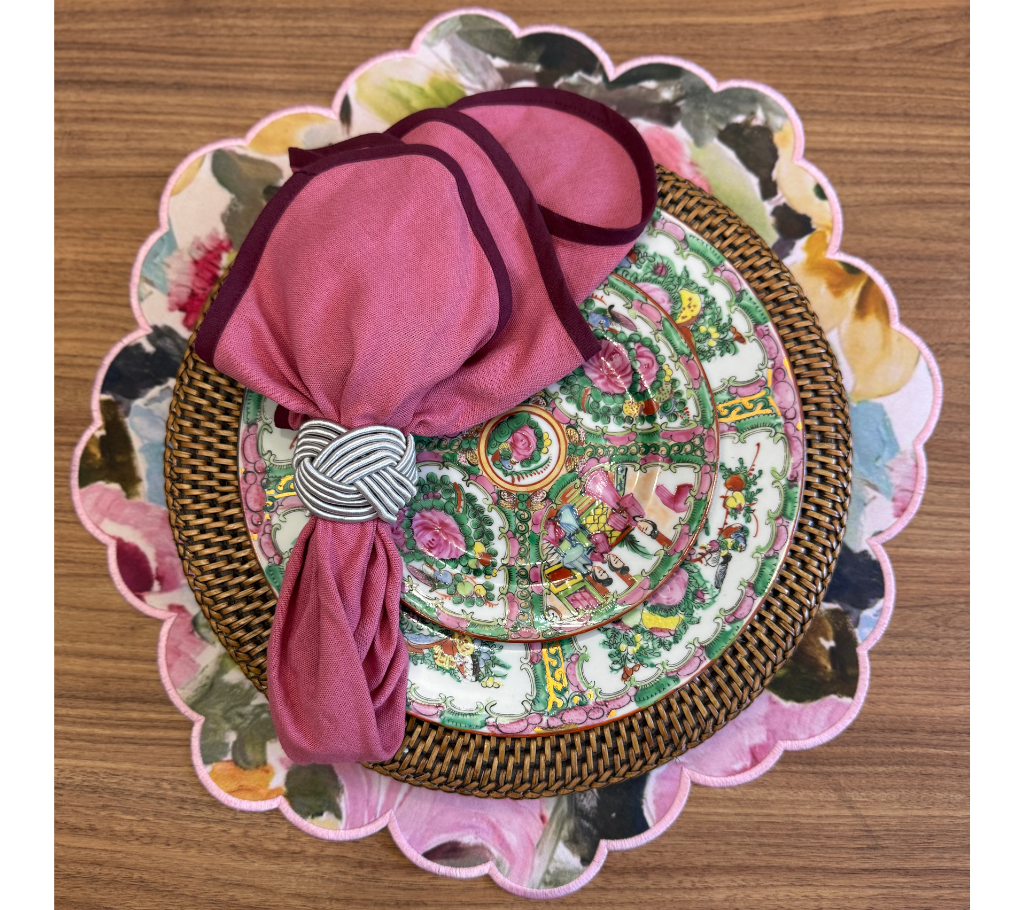 Individual reversible redondo en lona y rafia Flores/Rosado