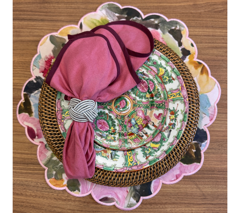 Individual reversible redondo en lona y rafia Flores/Rosado