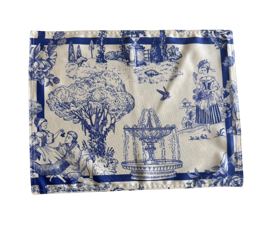 Individual reversible rectangular en tela Flores/Paisaje Azul/Beige
