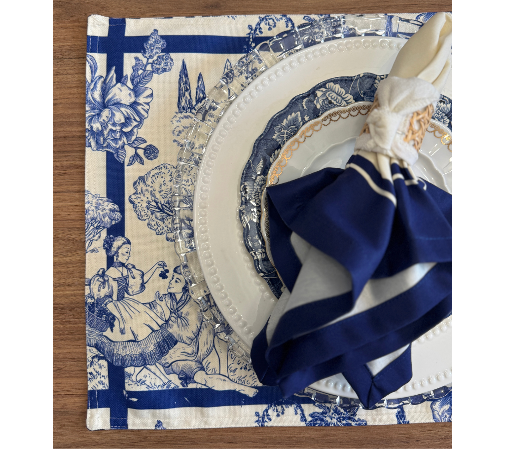 Individual reversible rectangular en tela Flores/Paisaje Azul/Beige