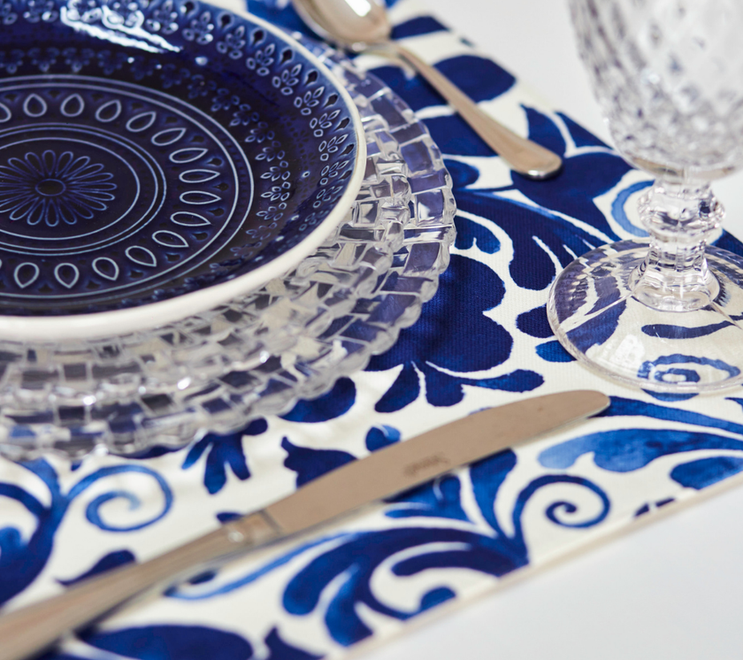 Individual reversible rectangular en tela Flores/Paisaje Azul/Beige