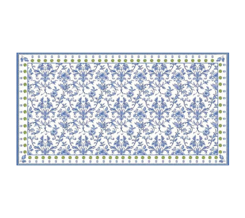 Mantel rectangular 10P en tela Flores Borde Arbolitos OW/Azul/Verde