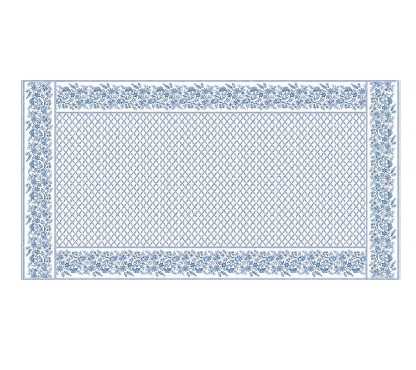 Mantel rectangular 10P en tela Mosaico Borde Flores OW/Azul