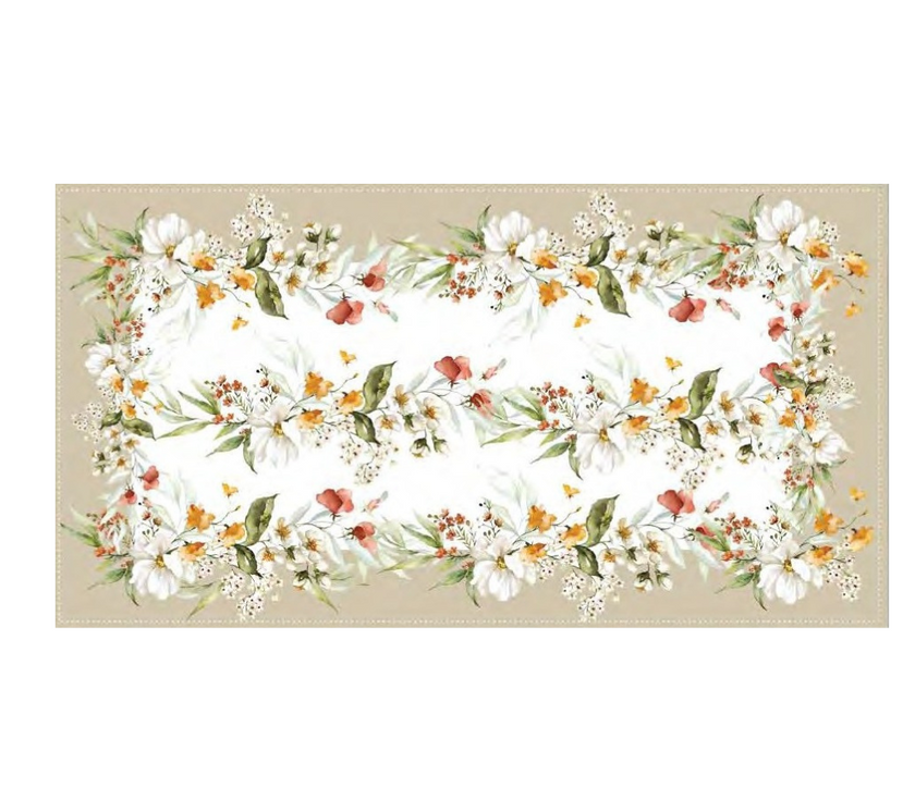 Mantel rectangular 10P en tela Flores Enredadera Borde Beige/Colores