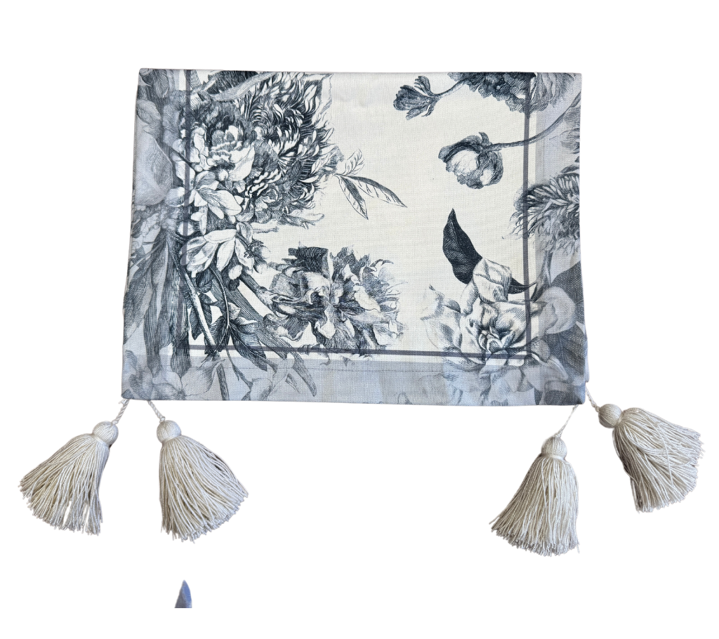 Camino de mesa en tela Flores Borde OW/AzulGris 2.2