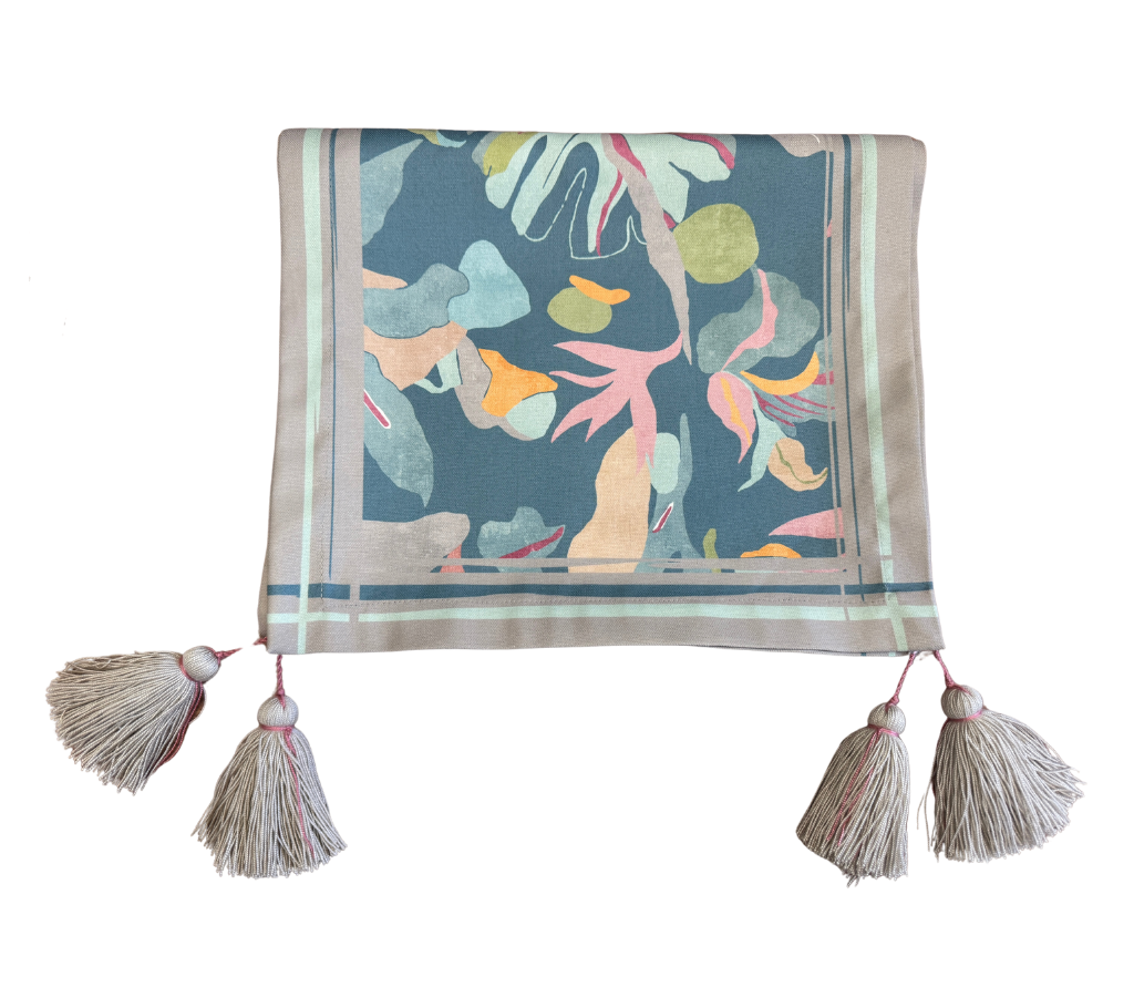 Camino de mesa en tela Flores Ramas Verde Borde Beige 2.7