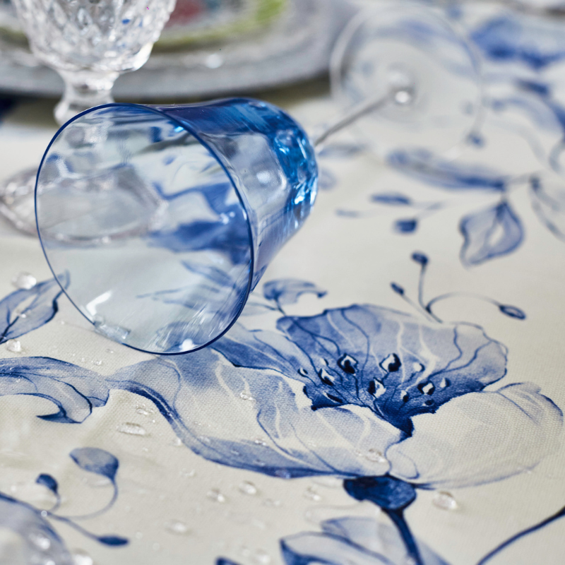 Mantel rectangular 10P en tela Flores OW/Azul