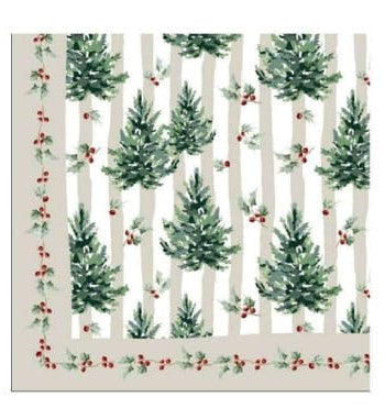 Mantel rectangular 10P en tela Navidad Pinos/Franjas Verde/Beige