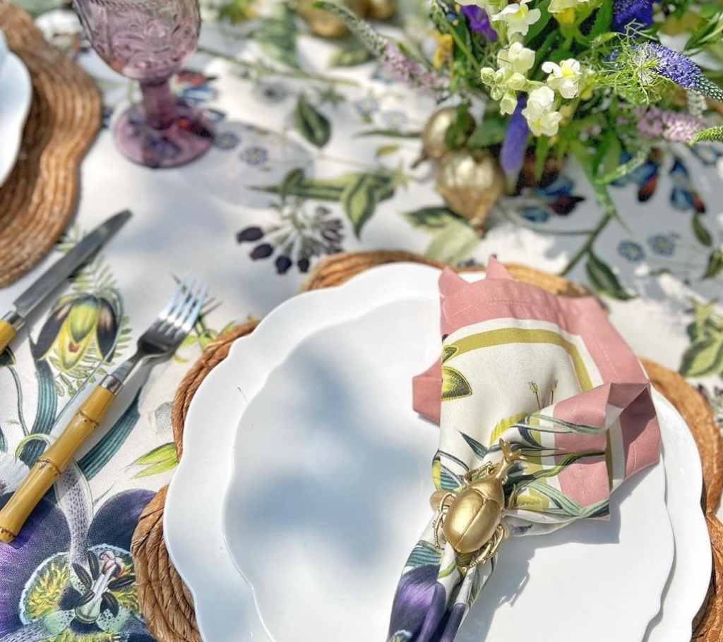 Mantel rectangular 10P en tela Jardin Borde Verde Beige