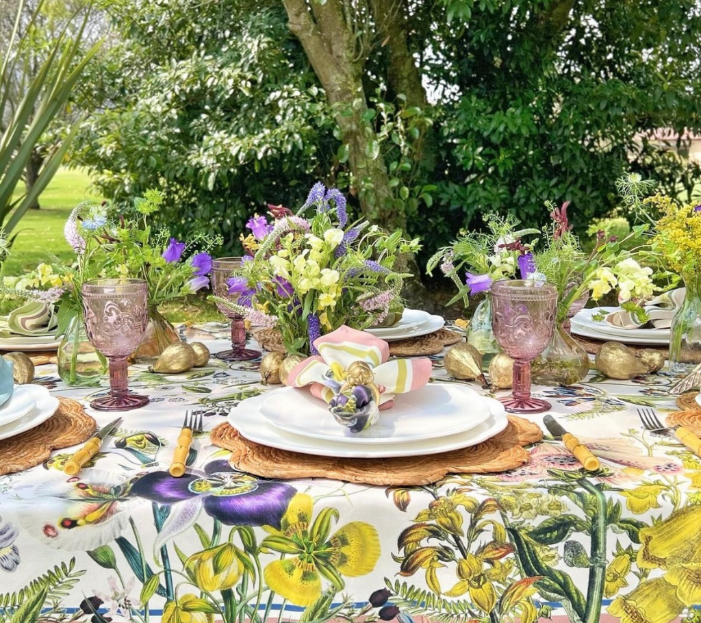 Mantel rectangular 10P en tela Jardin Borde Verde Beige