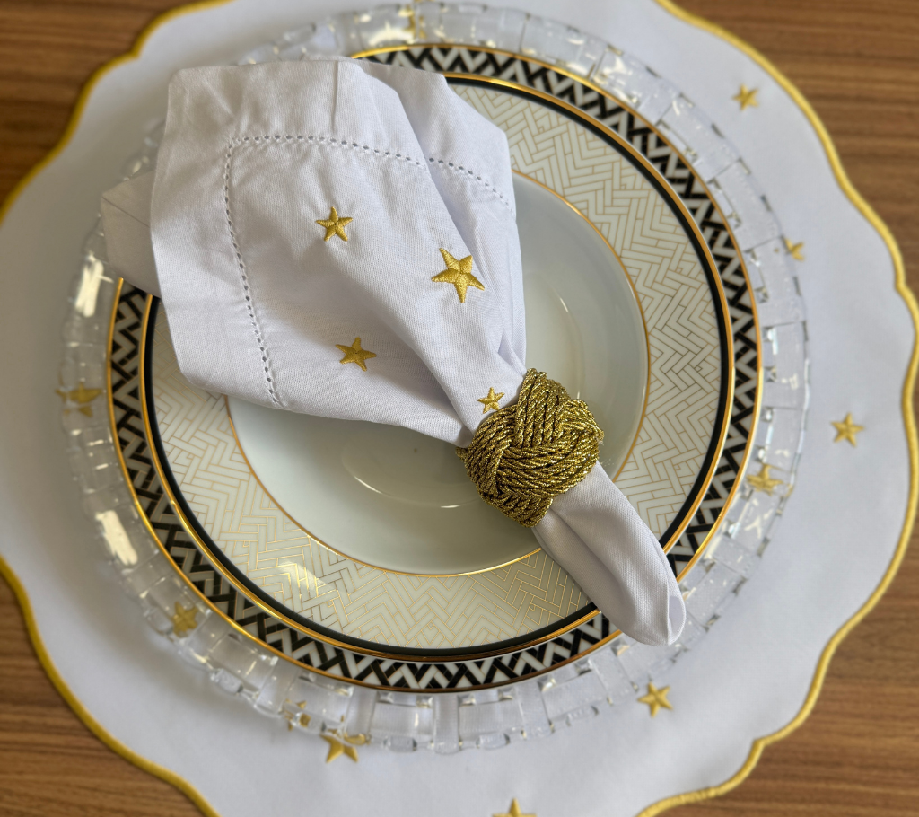 Individual redondo en lona Estrellas Blanco/Dorado