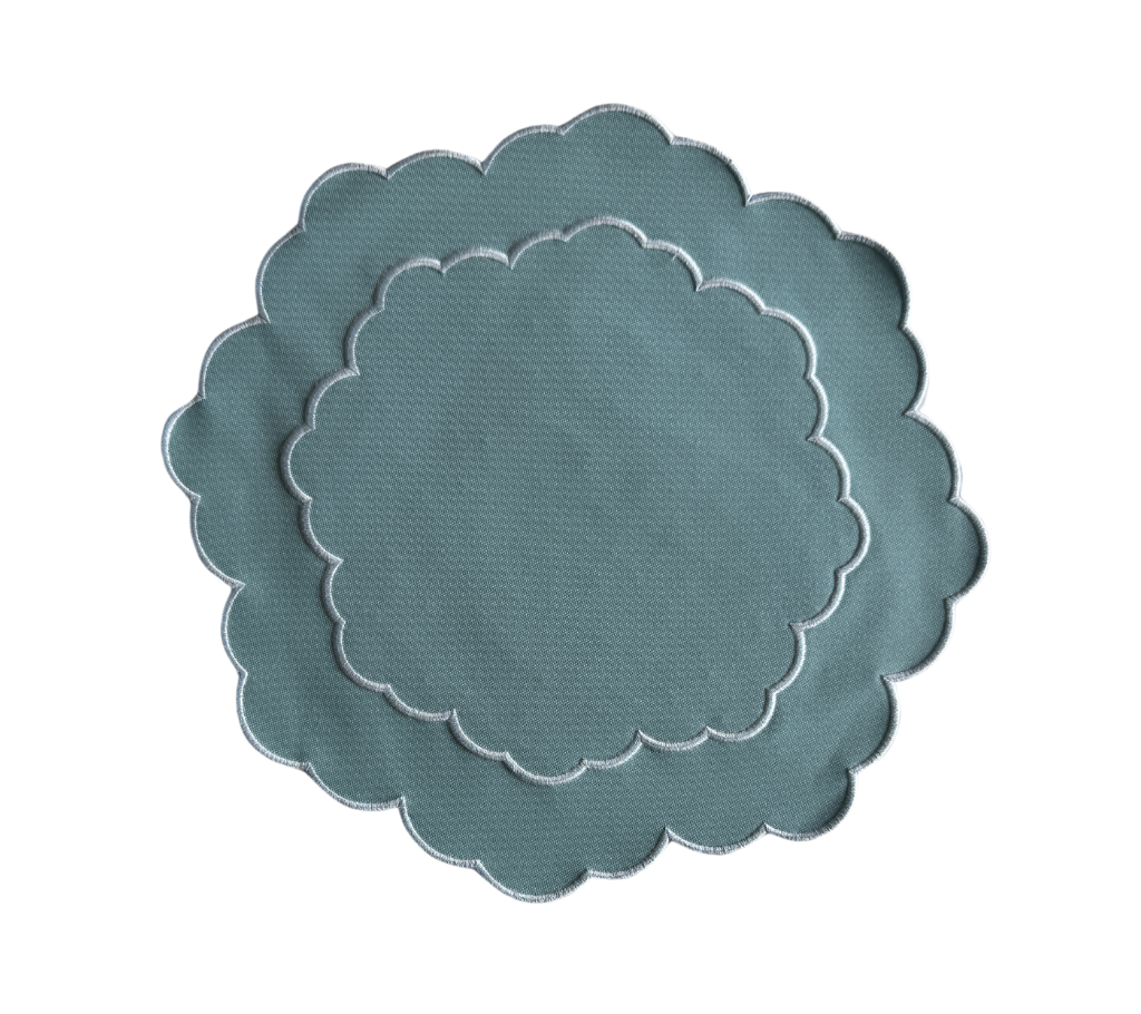 Individual reversible redondo en lona y rafia Hojas/Azul