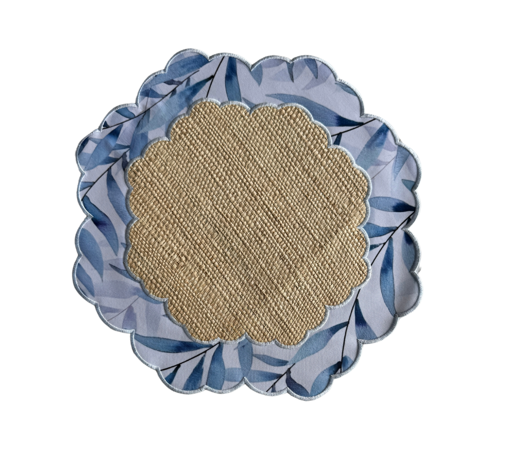 Individual reversible redondo en lona y rafia Hojas/Azul