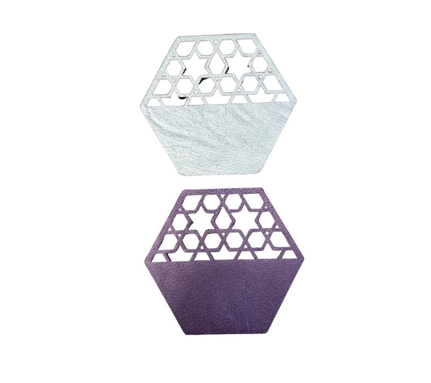 Portavasos reversible hexagonal semicuero Estrellas Morado/Bronce-Set6