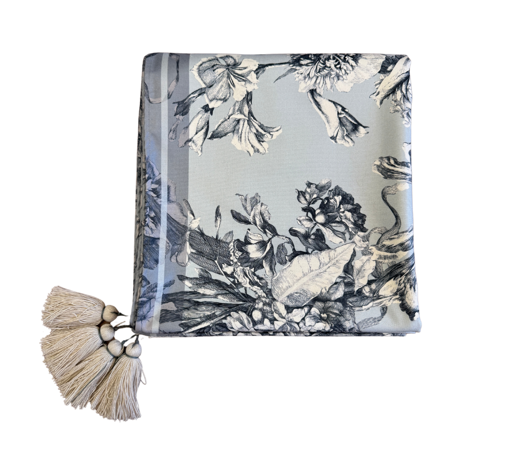 Mantel rectangular 10P en tela Flores Azul Borde AzulGris