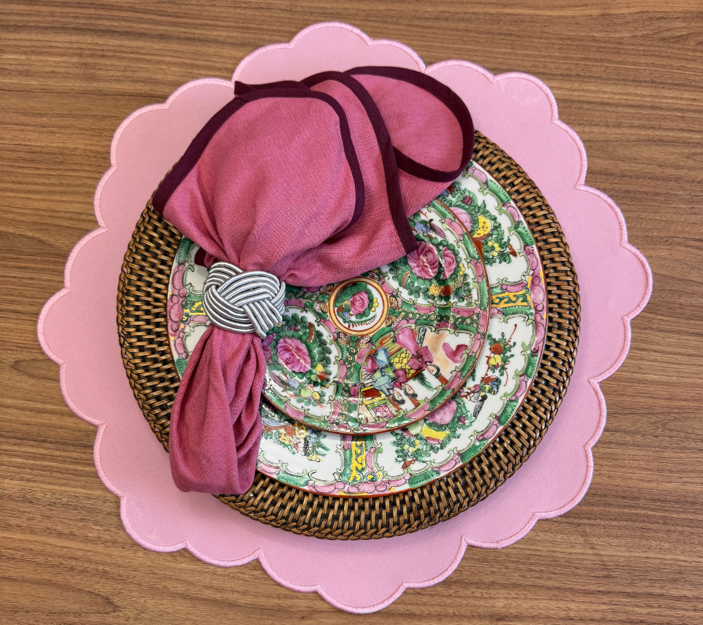 Individual reversible redondo en lona y rafia Flores/Rosado