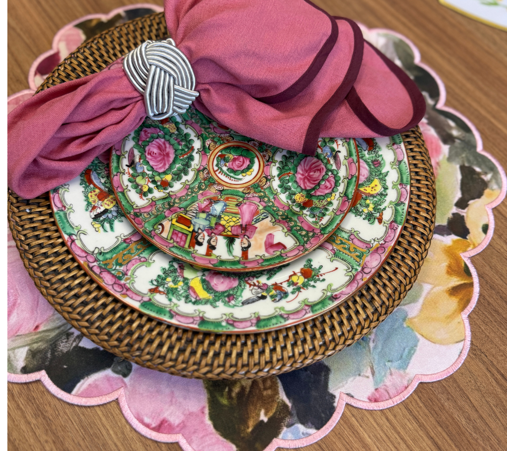 Individual reversible redondo en lona y rafia Flores/Rosado