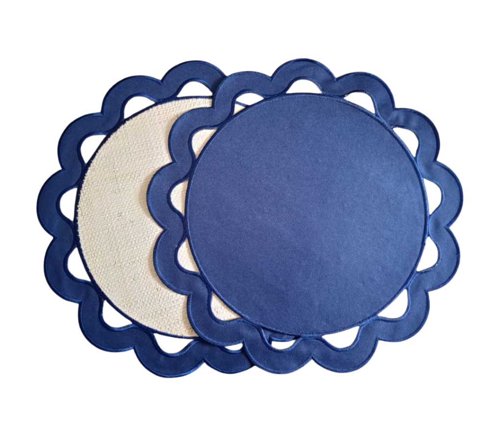 Individual reversible redondo en lona y rafia Huecos AzulM