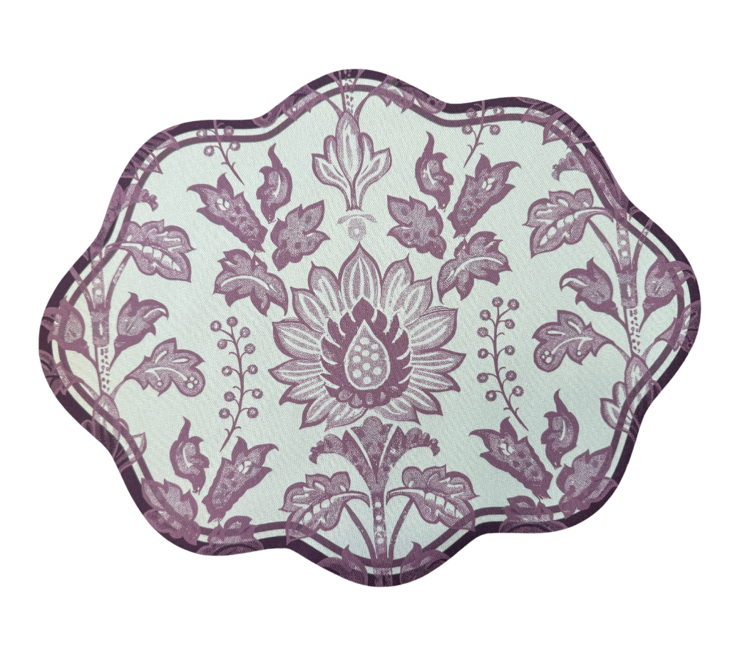 Individual troquelado ovalado en tela Flores Vino/Morado