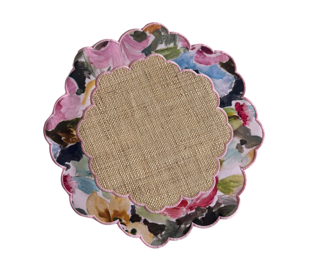 Individual reversible redondo en lona y rafia Flores/Rosado