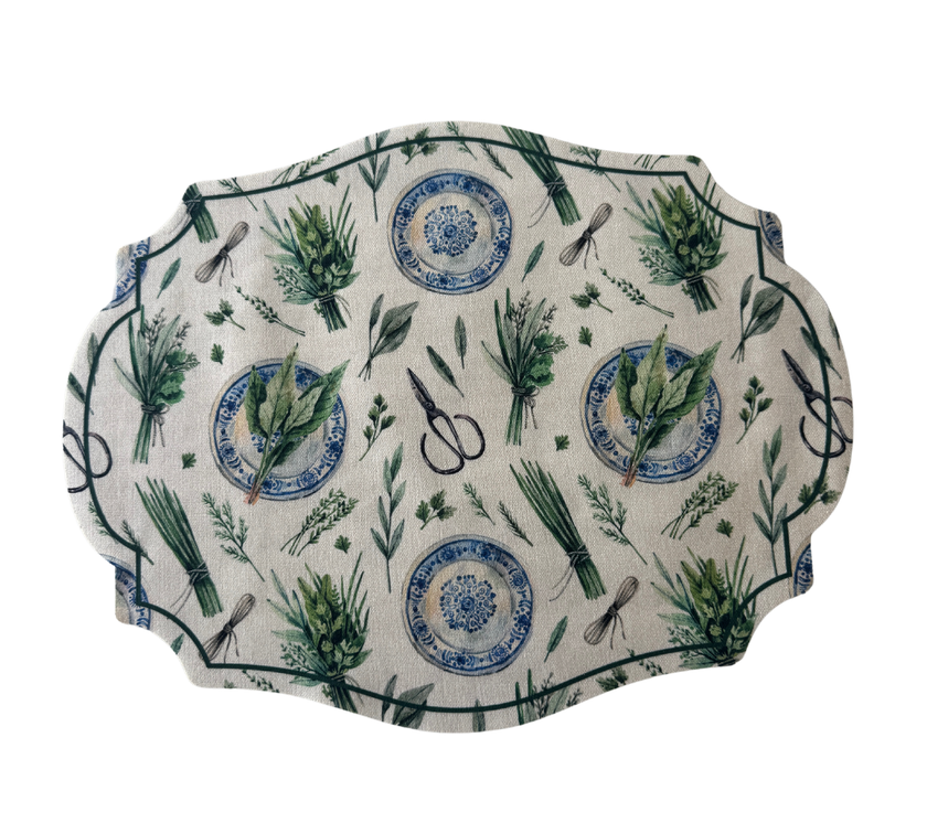 Individual troquelado ovalado en tela Ramos Beige/Verde/Azul