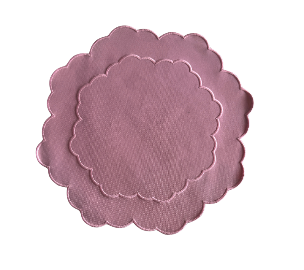 Individual reversible redondo en lona y rafia Flores/Rosado