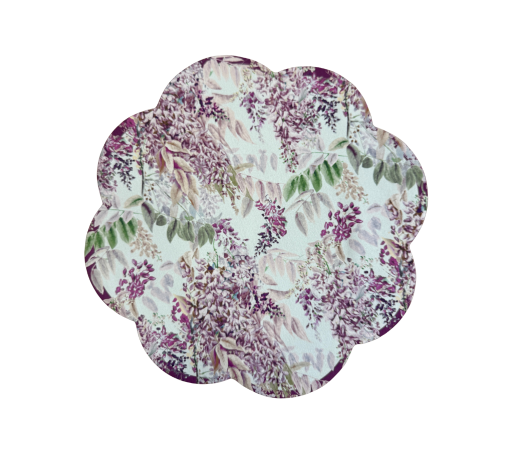 Individual troquelado redondo en tela Flores Fucsia