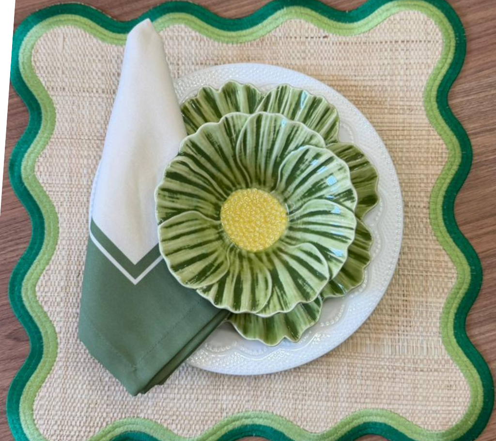 Individual cuadrado en lona y rafia Crudo/Verde Degradé