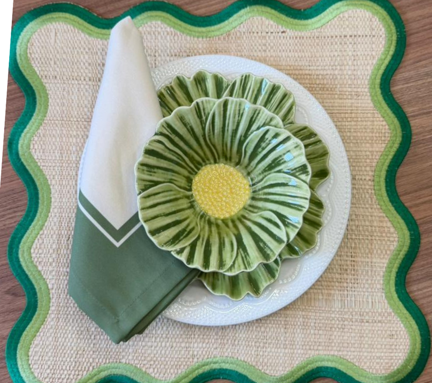 Individual cuadrado en lona y rafia Crudo/Verde Degradé
