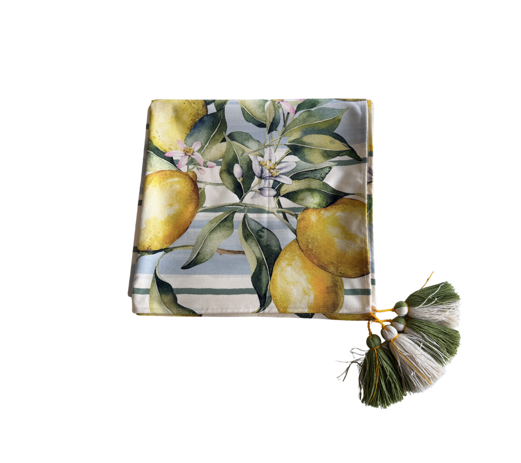 Mantel rectangular 10P en tela Limones/Franjas Azul/Verde/Amarillo