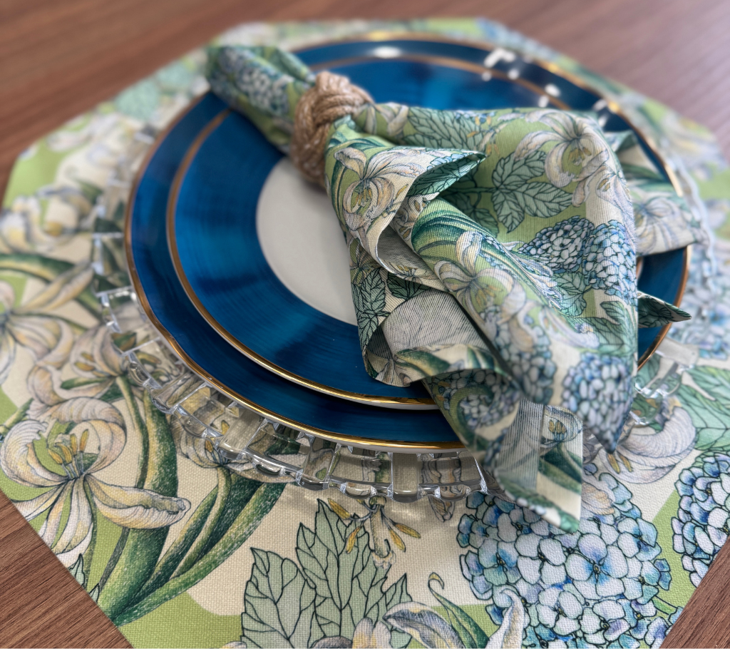 Individual troquelado hexagonal en tela Hortensias