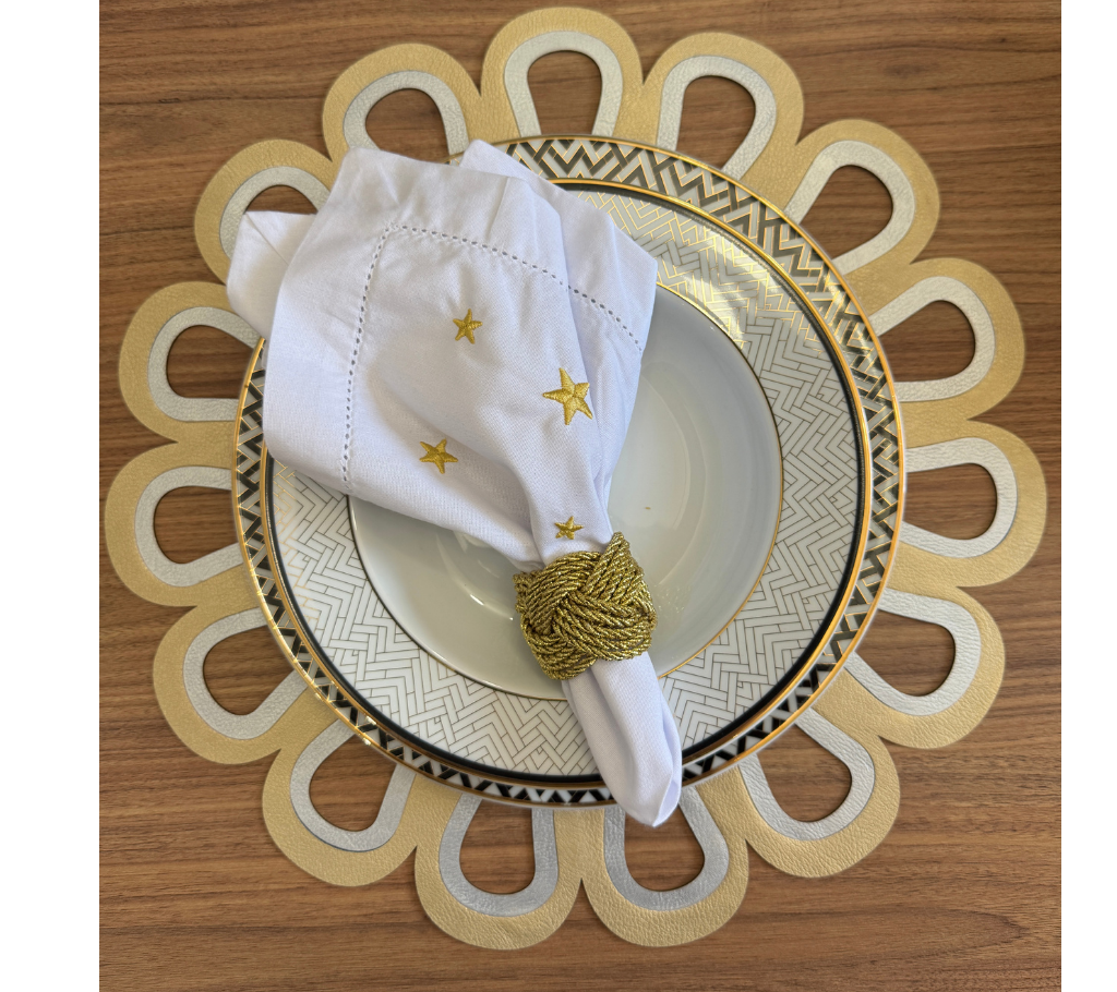 Individual reversible redondo en semicuero Flor PlataDorado/AzulM