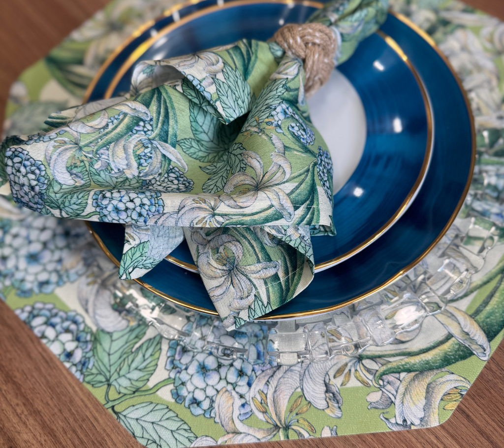 Individual troquelado hexagonal en tela Hortensias