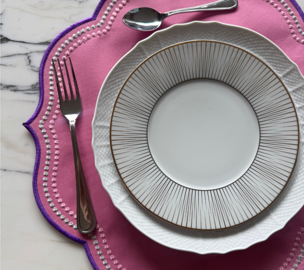 Individual reversible redondo en lona puntas Marfil/Rosa