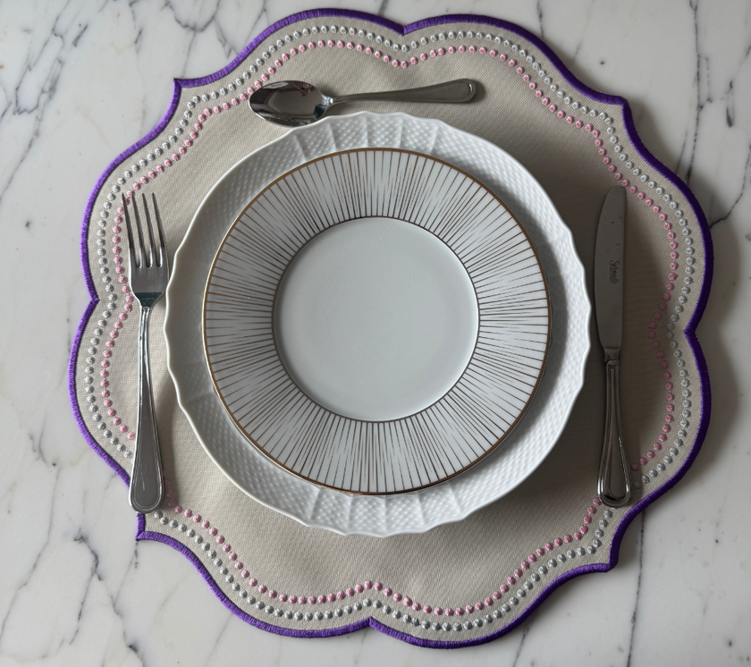 Individual reversible redondo en lona puntas Marfil/Rosa