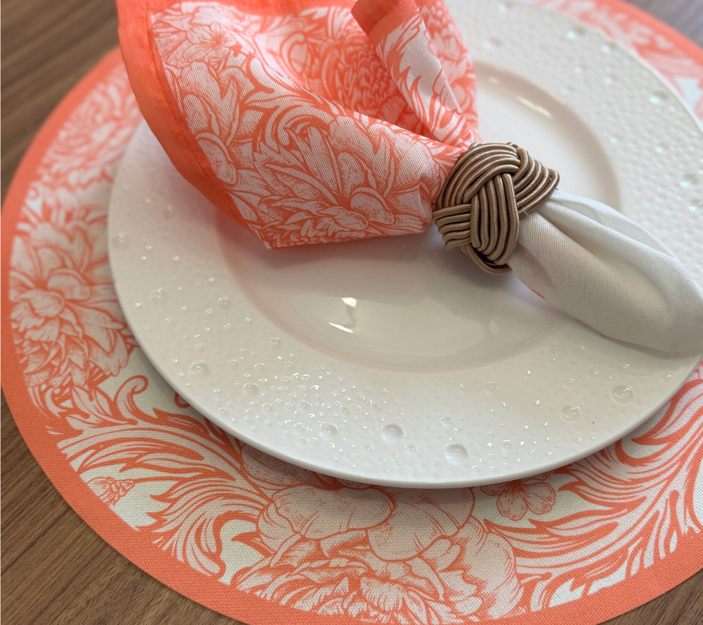 Individual troquelado redondo en tela Corona Flores Anaranjado