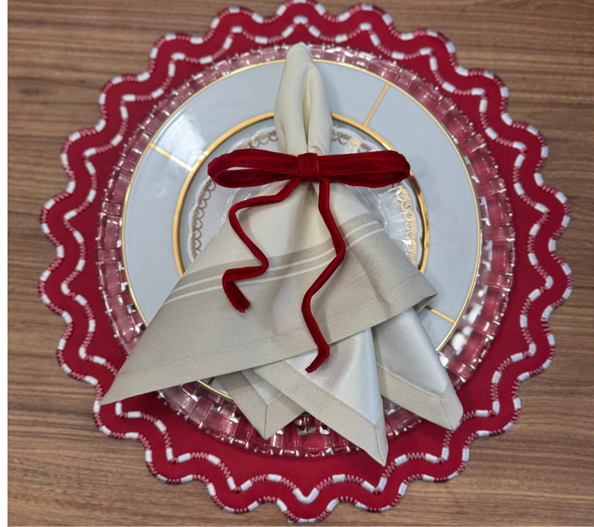 Individual redondo en lona Acordonado Rojo/Blanco