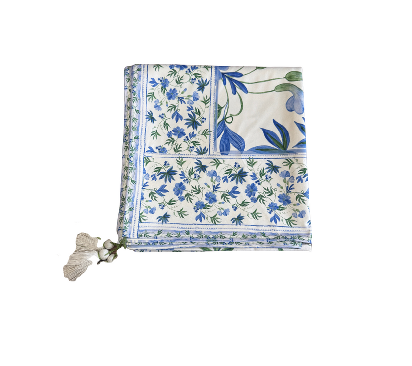 Mantel rectangular 8P en tela Borde Flores Verde/Azul