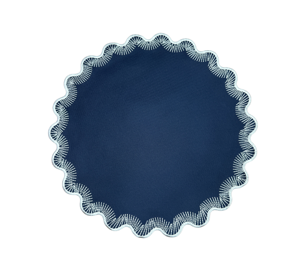 Individual redondo en lona Ondas/Puntillas AzulM/Blanco