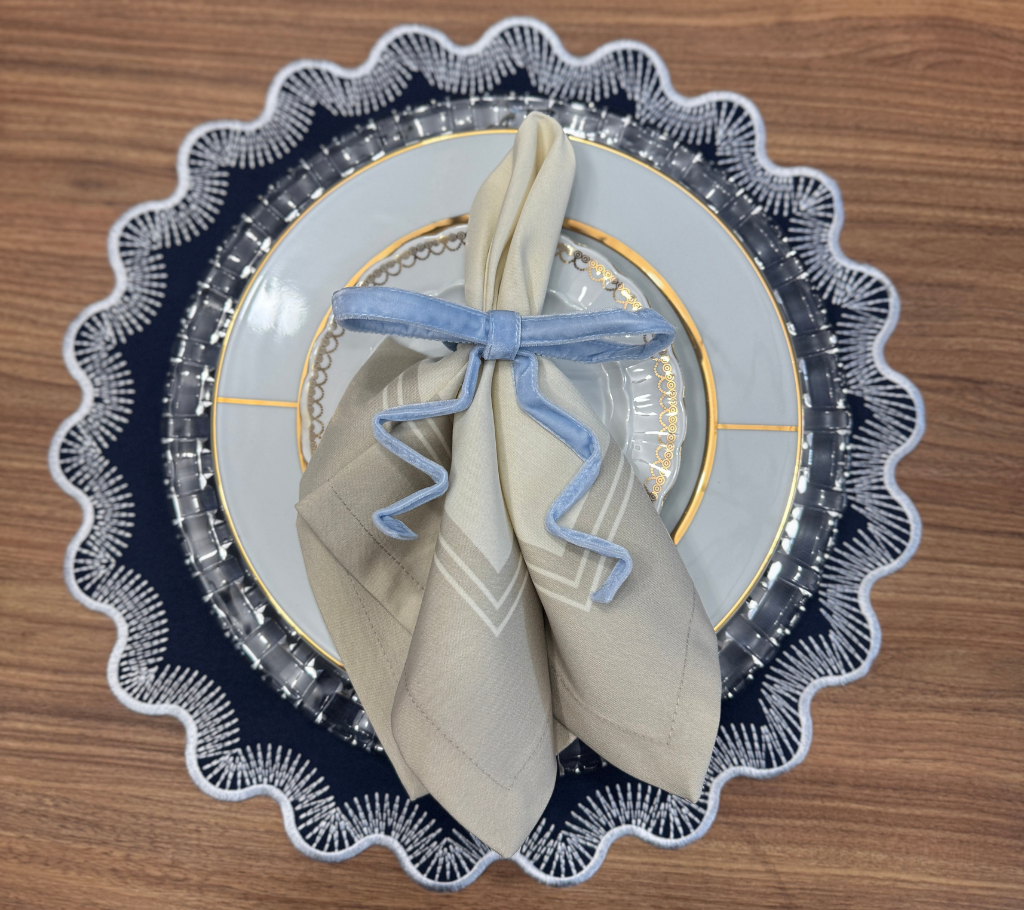 Individual redondo en lona Ondas/Puntillas AzulM/Blanco