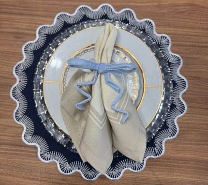 Individual redondo en lona Ondas/Puntillas AzulM/Blanco