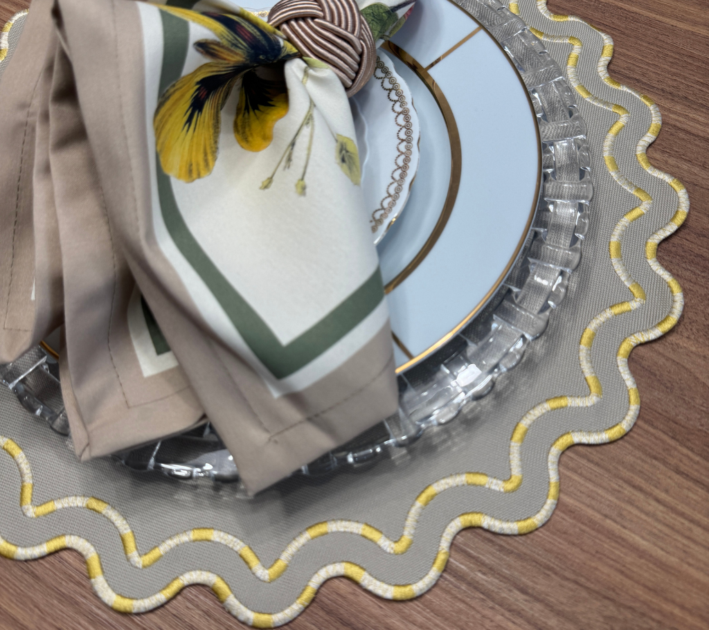 Individual redondo en lona Acordonado Beige/Dorado