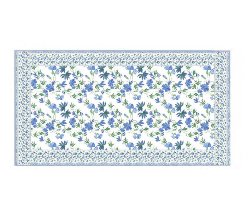 Mantel rectangular 10P en tela Borde Flores Verde/Azul