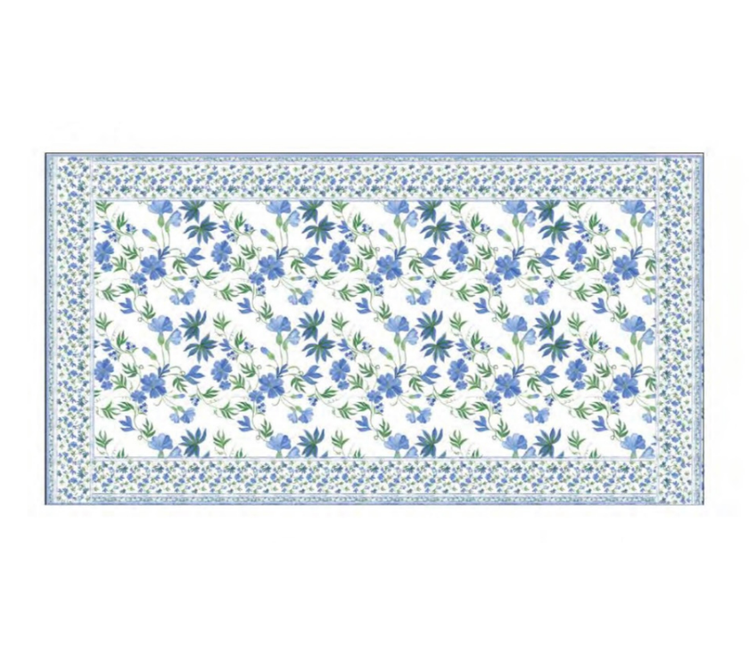 Mantel rectangular 8P en tela Borde Flores Verde/Azul