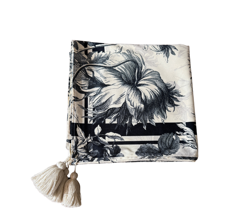 Mantel rectangular 10P en tela Flores OW/AzulM