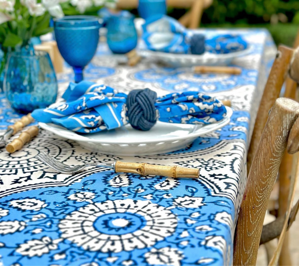 Mantel rectangular 8P en tela Boho Azul