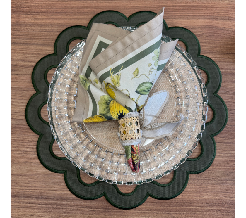 individual reversible redondo en lona y rafia Huecos Verde Musgo