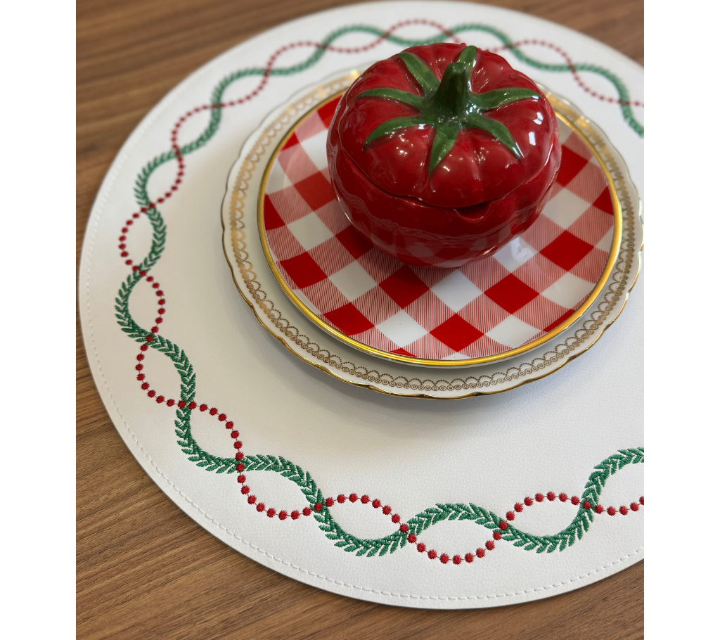 Individual redondo en semicuero Guirnalda Blanco/Rojo/Verde