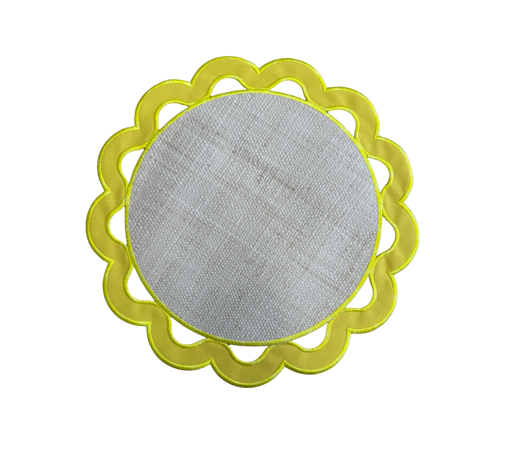 Individual reversible redondo en lona y rafia Huecos Amarillo